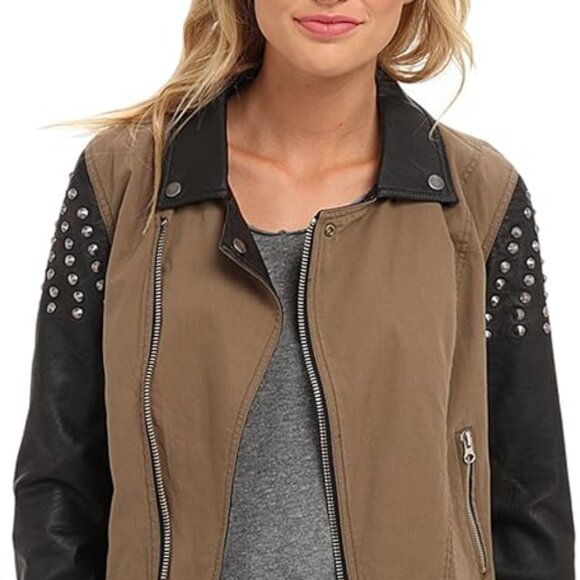 Volcom NEW Metallic Studs MOTO Jacket Faux Leather Sleeves Cotton Bomber Women's - Picture 4 of 17